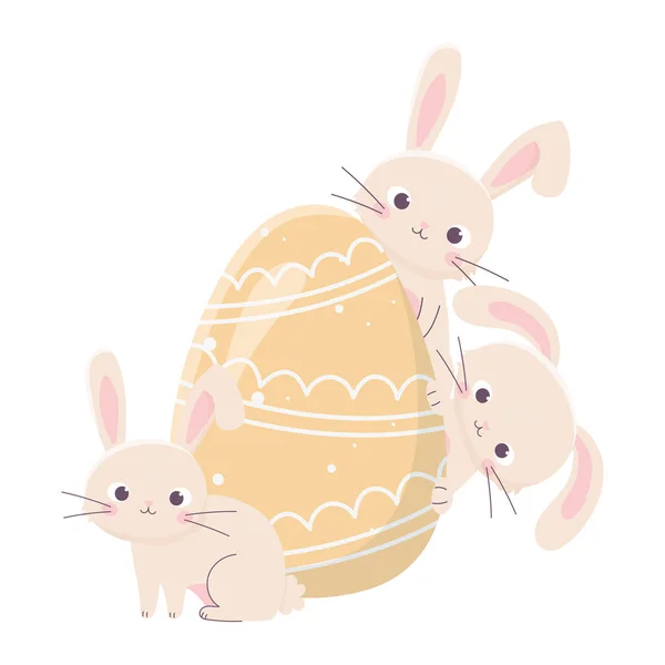 Feliz día de Pascua, conejos lindos con decoración de huevos pintados — Vector de stock