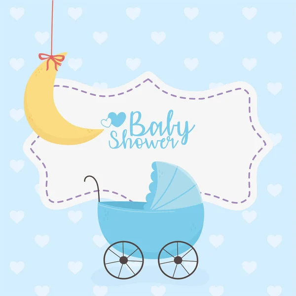 Bebé ducha, cochecito azul y colgante decoración de la luna — Archivo Imágenes Vectoriales