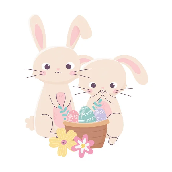 Feliz dia de Páscoa, coelhos bonitos ovos na cesta flores natureza —  Vetores de Stock