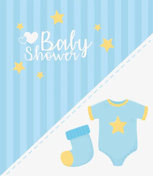 Baby shower, body blu e calza stelle celebrazione card — Vettoriale Stock