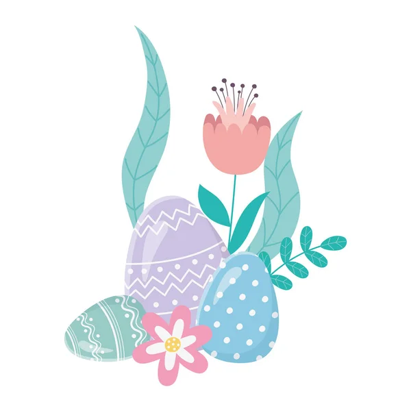 Feliz día de Pascua, huevos decorativos flores follaje hojas tarjeta — Vector de stock