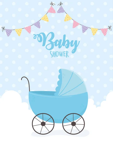 Bebé ducha, azul cochecito nubes banderines fondo punteado — Archivo Imágenes Vectoriales