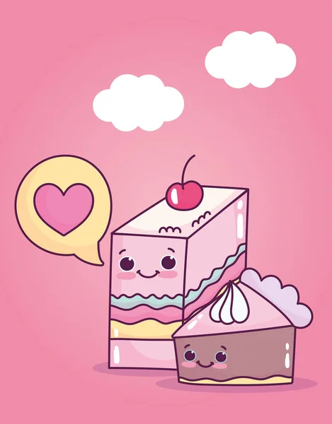 Carino cibo fetta gelatina con frutta e fetta torta dolce dolce pasticceria cartone animato — Vettoriale Stock