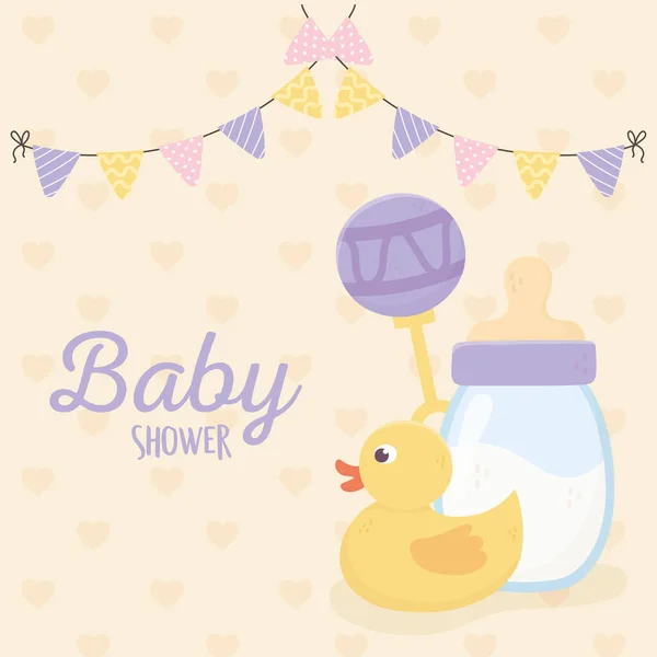 Bebek partisi, ördek çıngırağı ve şişe sütü kutlama kartı. — Stok Vektör
