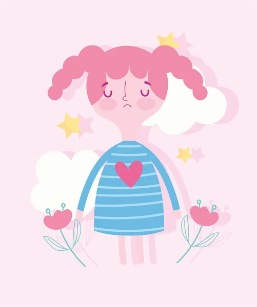 Cute little sad girl with flowers stars decoration cartoon — Stock Vector