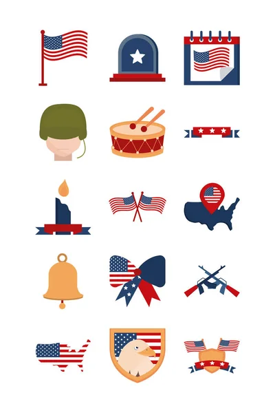 Památník den americké národní oslavy ikony nastavit plochý styl ikony — Stockový vektor