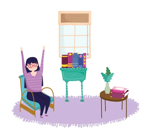 Fiatal nő kezek fel a széken bútorok könyvek, könyv nap — Stock Vector