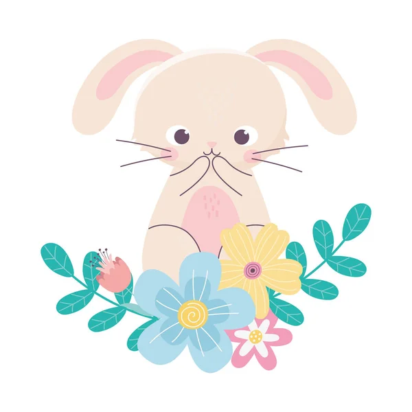 Feliz Pascua lindo conejo flores hojas naturaleza decoración — Vector de stock