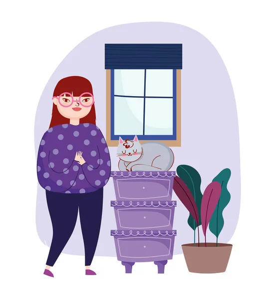 Молода жінка з кішкою в меблевих ящиках завод — стоковий вектор