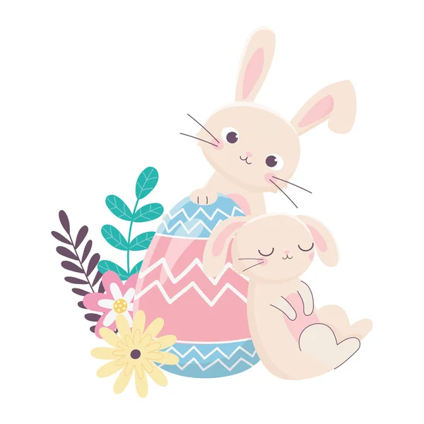 Feliz día de Pascua, conejo dormido y conejo con decoración de flores de huevo — Vector de stock