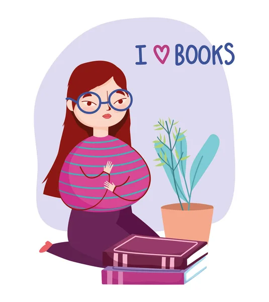 Jeune femme avec livres blancs et plantes en pot, jour du livre — Image vectorielle