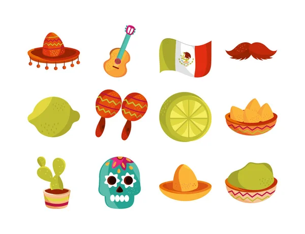 Cinco de mayonez dekorasyon etkinliği Meksika simgeleri seti — Stok Vektör