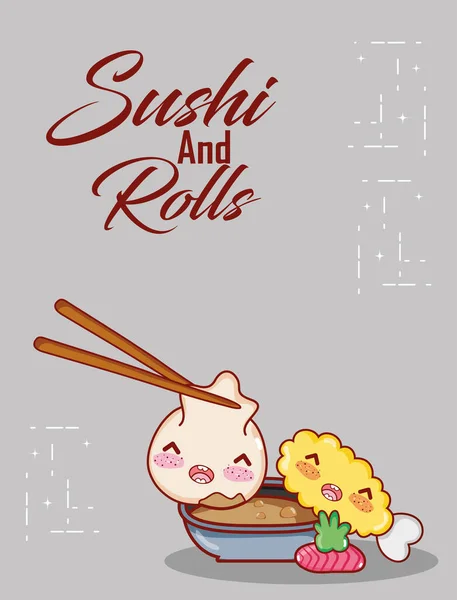 Kawaii knödel in sticks sauce tempura wasabi food japanischer cartoon, sushi und rollen — Stockvektor