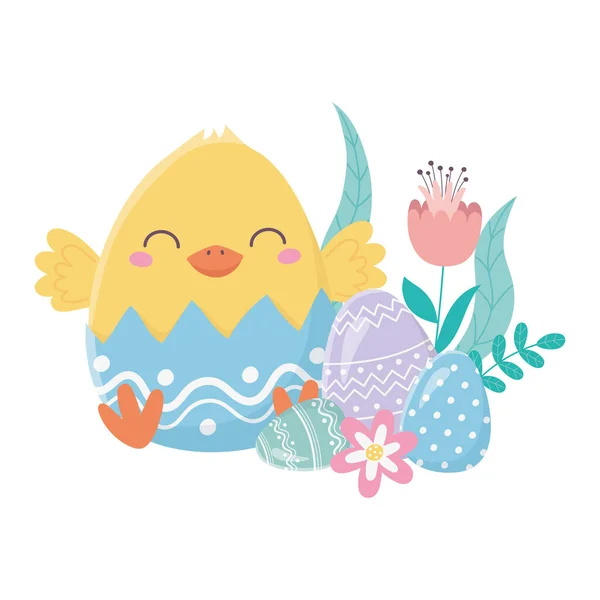 Χαρούμενη μέρα του Πάσχα, αυγό κοτόπουλου με αυγά λουλουδιών — Διανυσματικό Αρχείο