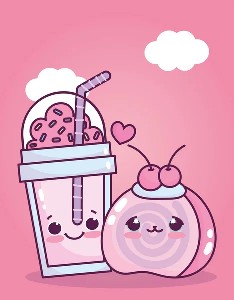 可爱的食物即弃杯冰沙和水果甜甜点卡通片 — 图库矢量图片