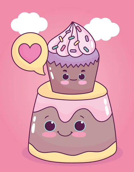 Lindo cupcake comida en jalea amor dulce postre pastelería de dibujos animados — Vector de stock