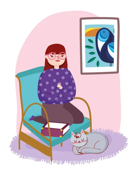 Mujer joven sentada en silla libro gato y pared, libro día — Vector de stock