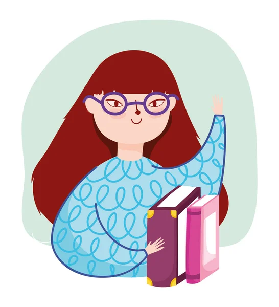 Mladá žena nosí brýle a knihy literatura, kniha den — Stockový vektor