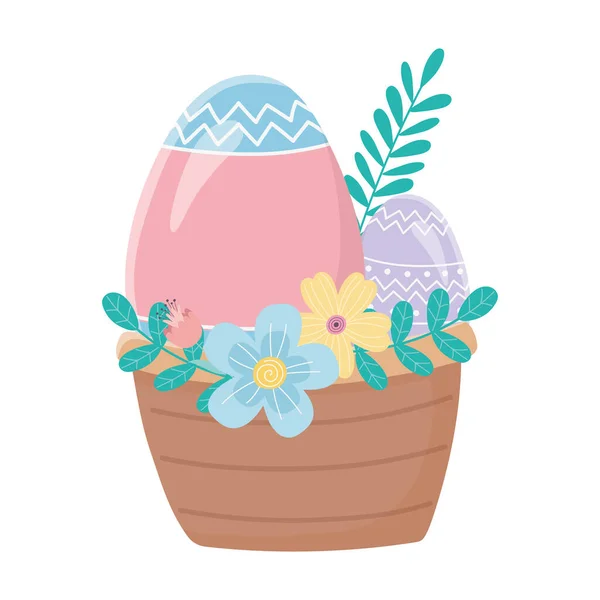 Feliz día de Pascua, cesta con huevos flores hojas follaje decoración — Vector de stock