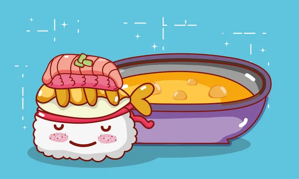 Kawaii sushi tempura fisch und suppe japanischer cartoon, sushi und brötchen — Stockvektor