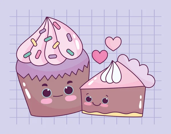 Alimentos lindos cupcake chocolate y pastel amor dulce postre pastelería de dibujos animados — Archivo Imágenes Vectoriales