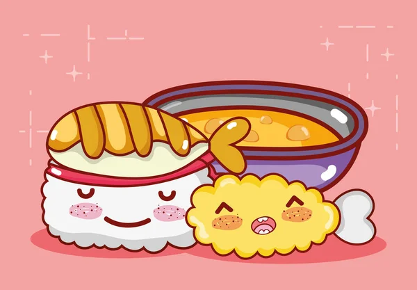 Kawaii tempura roll fisch und suppe essen japanischer cartoon, sushi und brötchen — Stockvektor