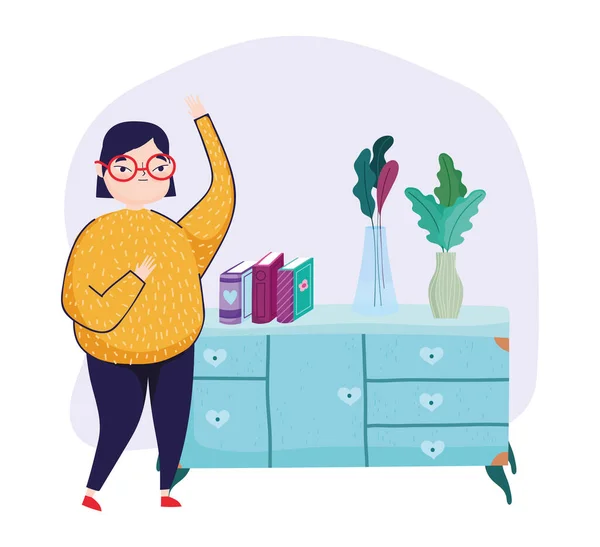 Молода жінка в окулярах і меблевих книгах ваза з рослиною, книжковий день — стоковий вектор