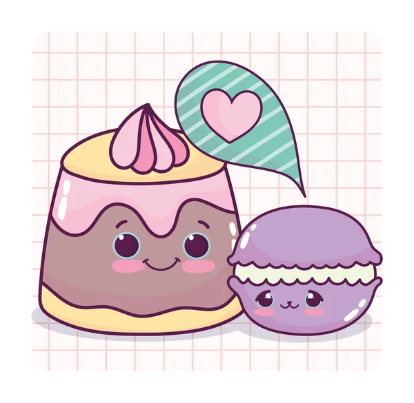 Cute food jelly cream and macaroon sweet dessert pastry cartoon — 스톡 벡터