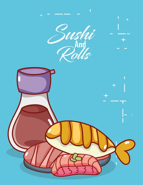 Kawaii sake fish meat food japanese cartoon, sushi and rolls — Stockvektor