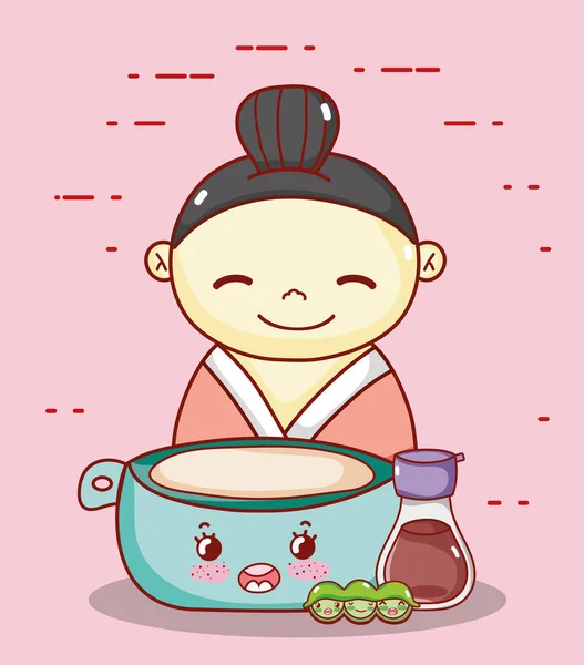 Geisha with bowl sake and peas kawaii food japanese cartoon, sushi and rolls — ストックベクタ