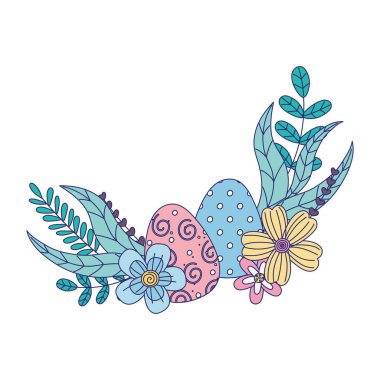 Mutlu Paskalya günleri, güzellik yumurtaları çiçekler yapraklar dekorasyon bırakır.