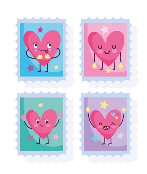Tiernos sellos, adorables corazones de amor encantadores iconos románticos — Vector de stock