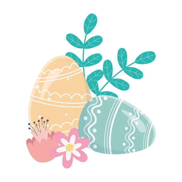 Heureux jour de Pâques, oeufs peints ornement fleurs feuillage décoraiton — Image vectorielle