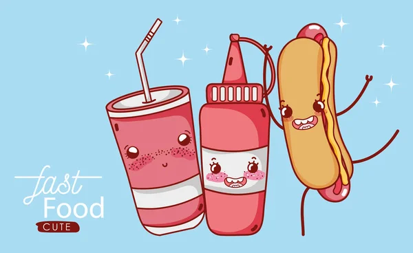Fast food bonito molho de cachorro quente e plástico copo soda desenhos animados — Vetor de Stock