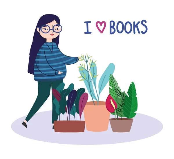 Woman potted plant flower love books, book day — Stockový vektor