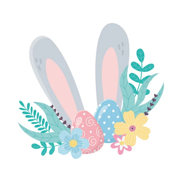 Happy easter ears eggs flowers foliage decoration — Stockový vektor