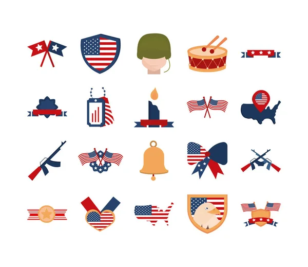 Památník den americké národní oslavy ikony nastavit plochý styl ikony — Stockový vektor
