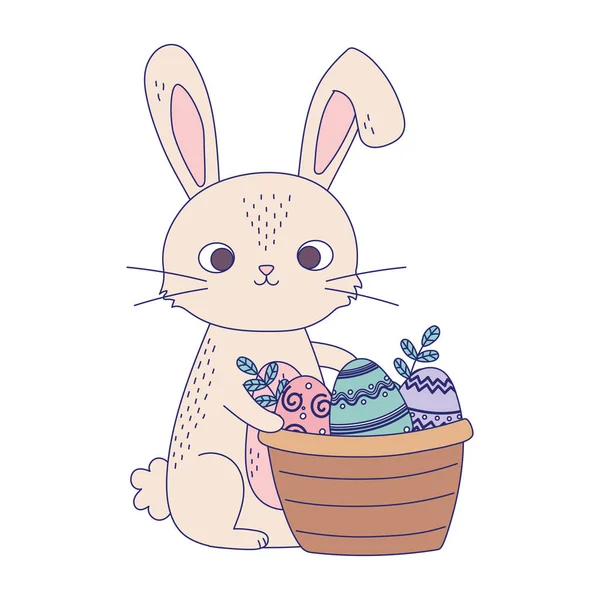 Heureux jour de Pâques, lapin avec panier oeufs feuilles dessin animé — Image vectorielle