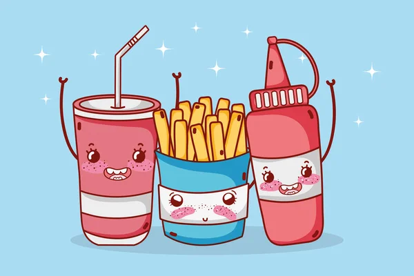Fast food cute french fries sauce and plastic cup cartoon — Stock vektor