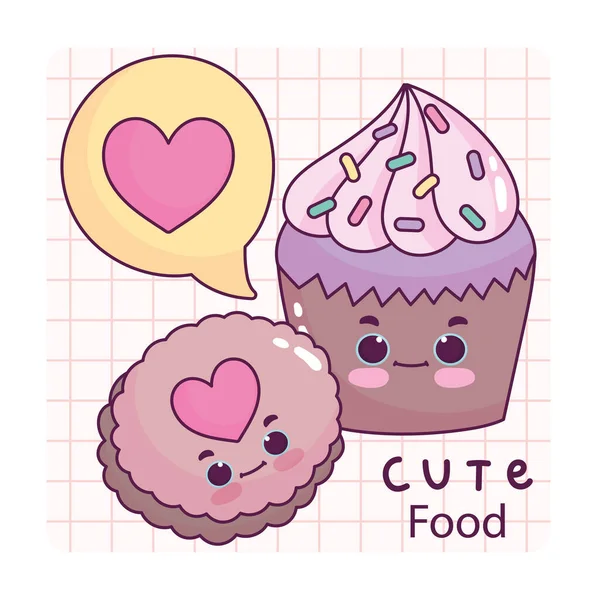 Cupcake alimentaire mignon et biscuit amour coeur pâtisserie dessert doux dessin animé — Image vectorielle