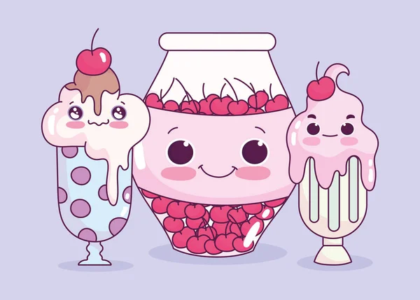 Alimentos lindos tazas de helado y tarro con cerezas dulce postre pastelería de dibujos animados — Archivo Imágenes Vectoriales