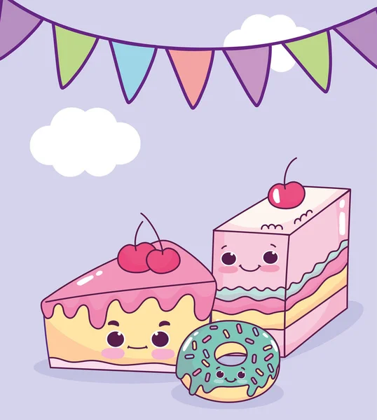 Gâteau de gelée alimentaire mignon et beignet pâtisserie dessert sucré dessin animé — Image vectorielle