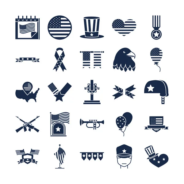 Memorial day american national celebration icons set silhouette style icon — Stock Vector