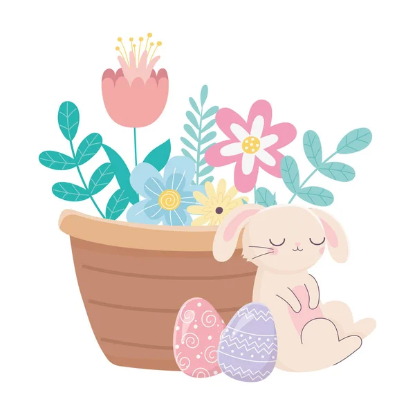 Feliz día de Pascua, dormir conejo huevos cesta con flores decoración — Vector de stock