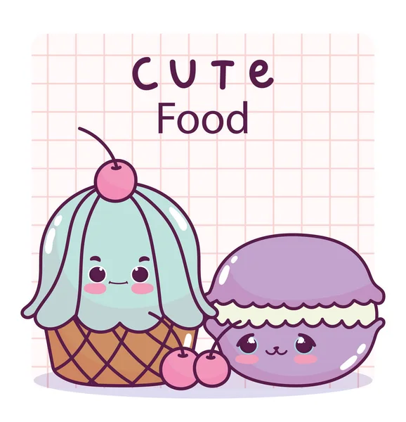 Cute food cupcake macaroon and cherries fruit sweet dessert pastry cartoon — ストックベクタ