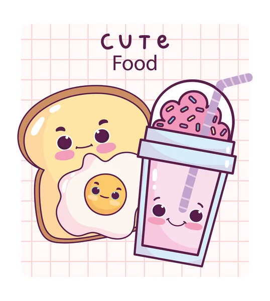 Cute food breakfast slice bread fried egg sweet dessert pastry cartoon — Stock vektor