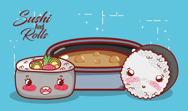 Kawaii ramen soup and rice roll food japanese cartoon, sushi and rolls — Stock Vector