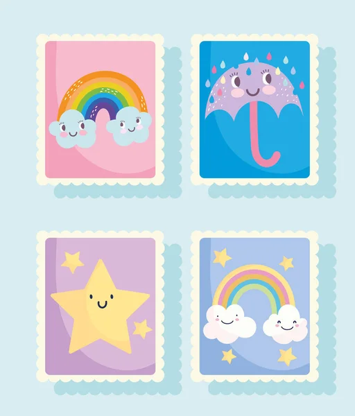 Bonito selos, tempo arco-íris nuvens guarda-chuva chuva estrelas ícones —  Vetores de Stock