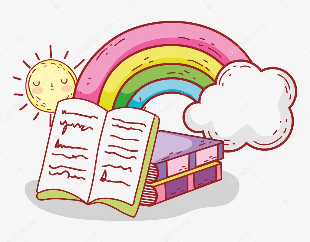 open book stacked books rainbow clouds sun cartoon