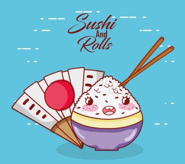 kawaii rice in bowl sticks food japanese cartoon, sushi and rolls